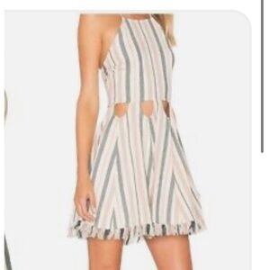 TULAROSA REVOLVE Boho Beachy Helix Stripe Halter Cut-Out Tie Back Fringe Mini M